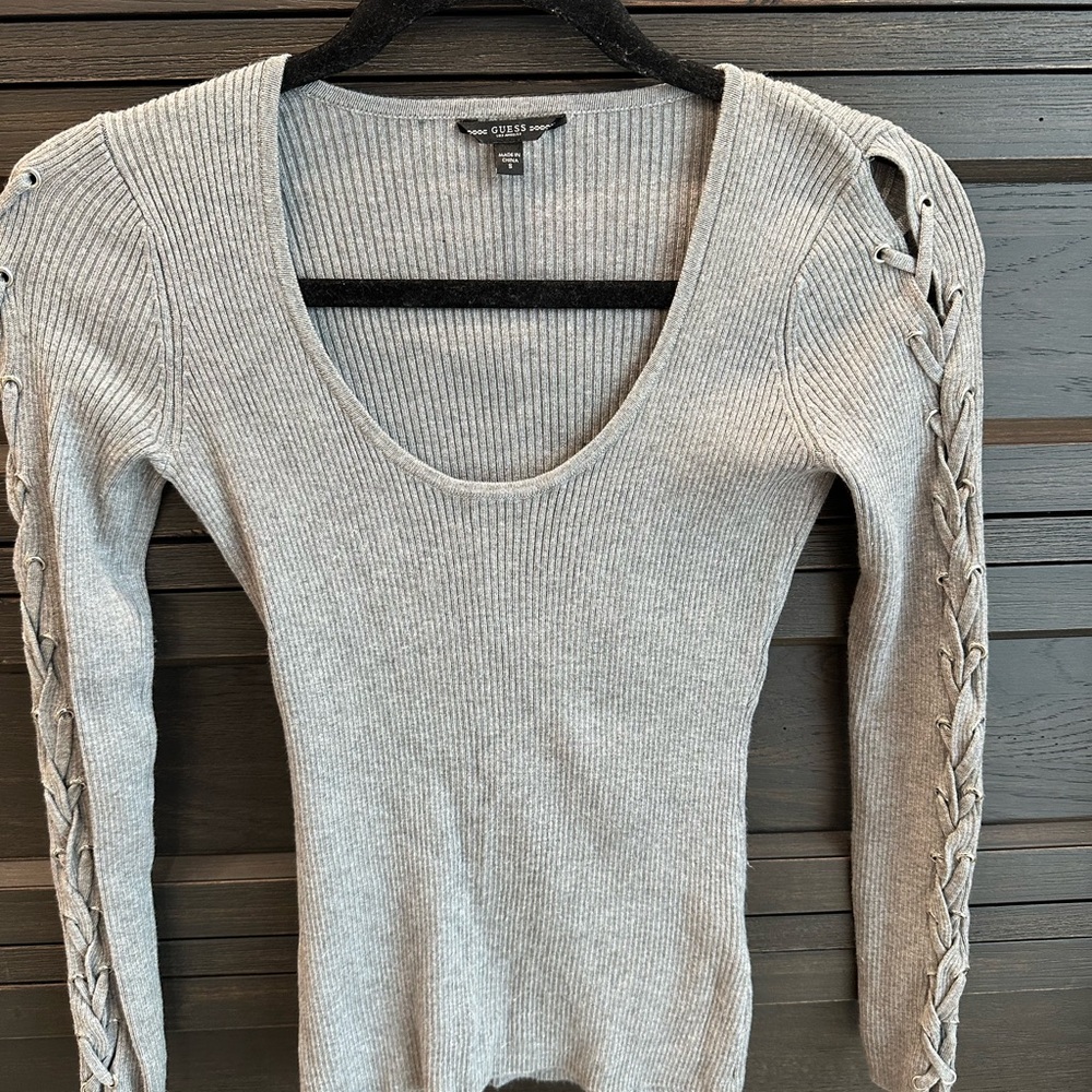 GUESS Light Gray Women's Ribbed Sweater with laced sleeves